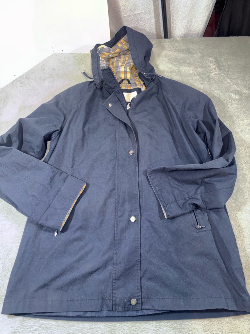 Nuage Navy Blue Hooded Utility Coat Plaid Lined Jacket Size Large